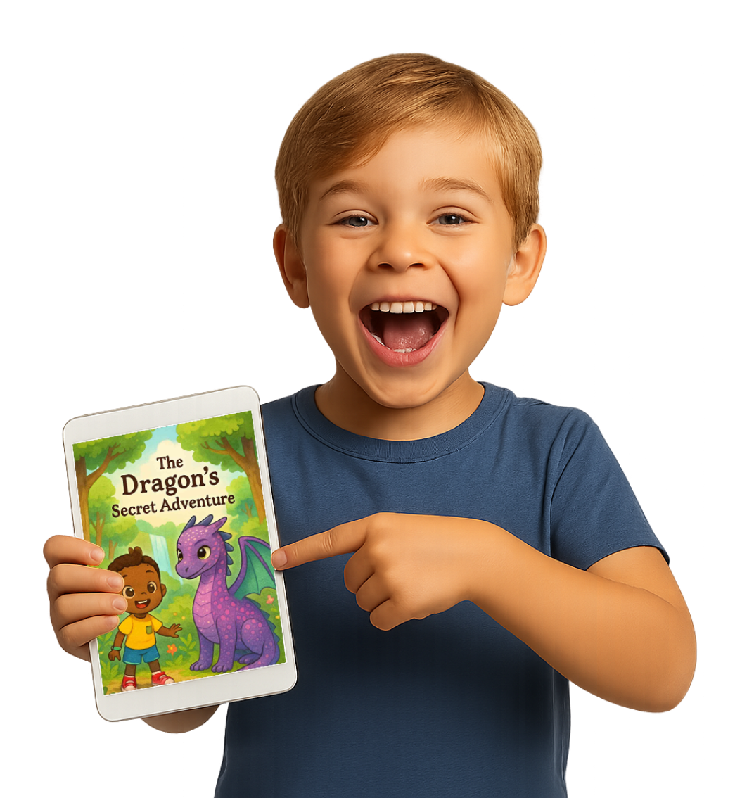 Child holding tablet with storybook