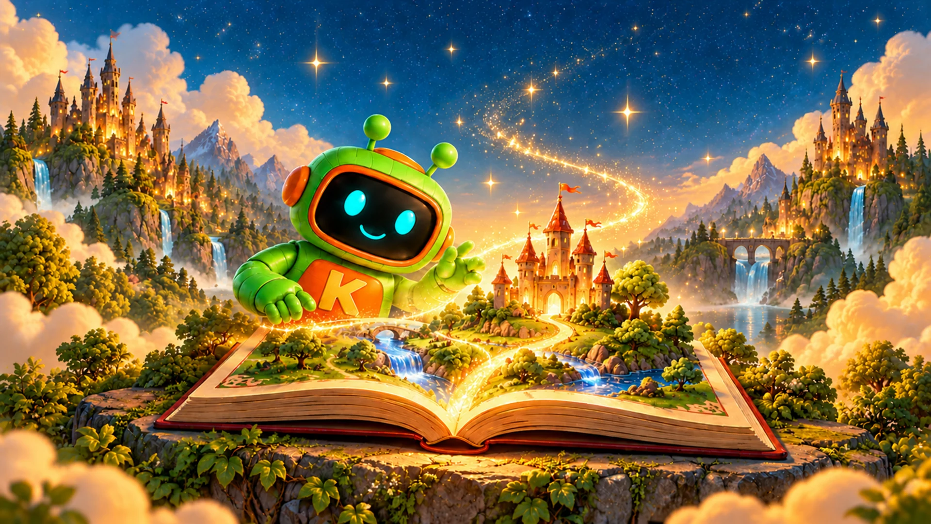Kreebo opens a glowing book into a world of castles, rivers and golden stars